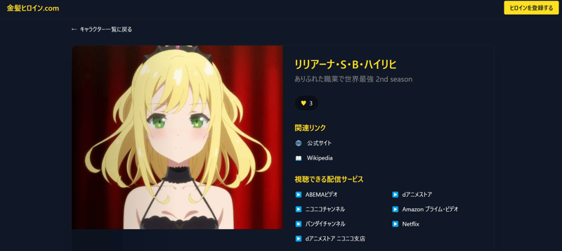 個別キャラクターの詳細ページ