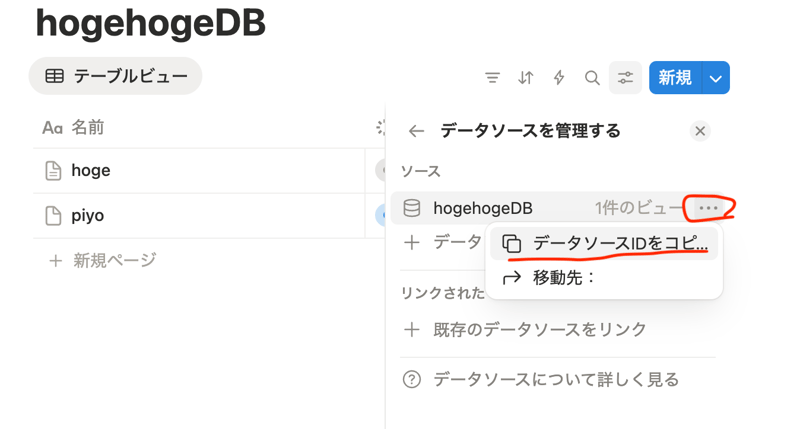 データソースIDをコピーする操作画面
