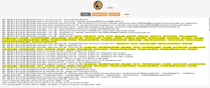 Serena MCPサーバー起動時に自動表示されるダッシュボード画面